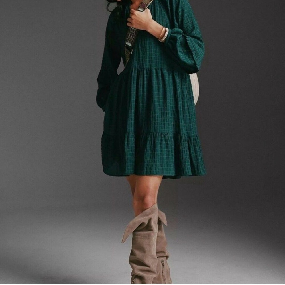Anthropologie Maeve Tiered Dress Cottagecore Forest Green Spring Milkmaid Boho M